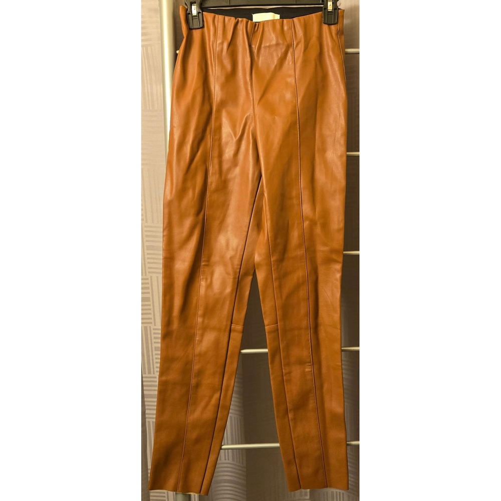 HM Cognac Brown Faux Leather Pintuck High Waisted Leggings Pants US 4 07903680